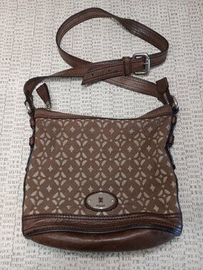 Fossil 'Maddox' Brown Leather and Canvas Crossbody / Bucket Bag Purse